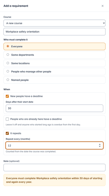 Add a requirement: a new course for everyone with a deadline of 30 days after the start date and a yearly repeat, shown as one sentence