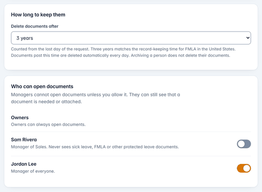 Settings, Documents: how long to keep files, and the switch that lets a manager open medical documents