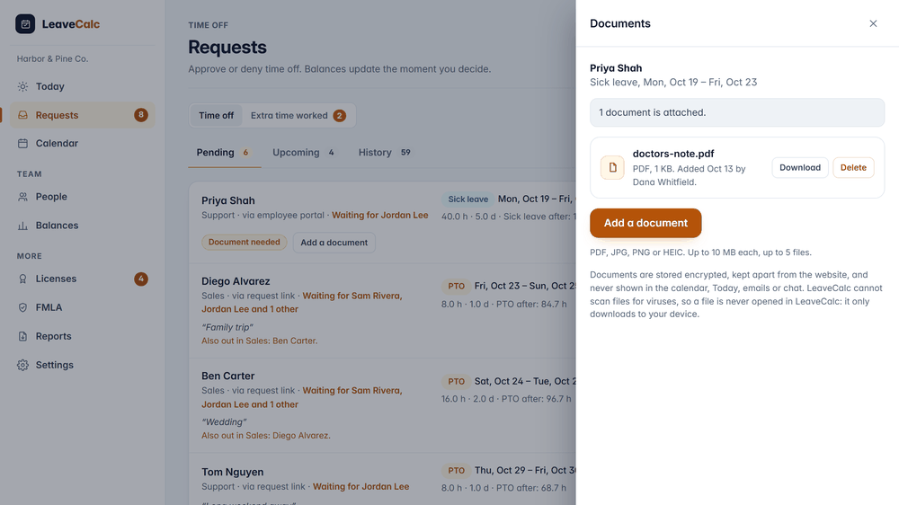 The Documents panel of a sick leave request in LeaveCalc, with one PDF attached and the request list behind it