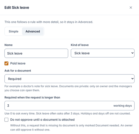 The Edit Sick leave panel with Ask for a document set to Required after 3 working days