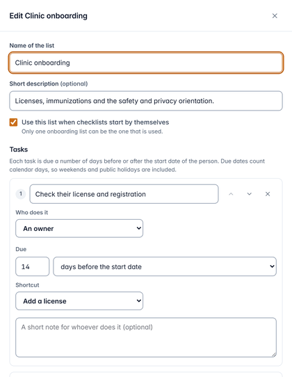 Edit a list: the name, the tasks, who does each one, the due date in days before the start date and a shortcut