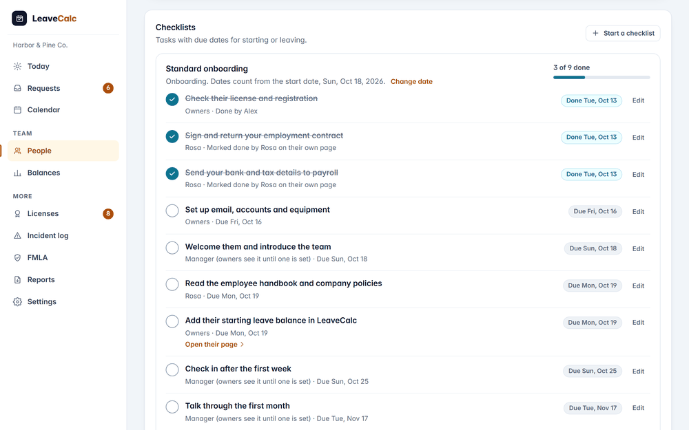 A person's page in LeaveCalc with a Standard onboarding checklist: three tasks done, six to go, each with a due date and who does it