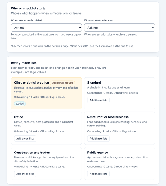 Settings, Checklists: when a checklist starts, and six ready-made sets with the number of onboarding and offboarding tasks in each