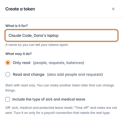 The Create a token panel in LeaveCalc: a name, Only read or Read and change, and the switch for the type of sick and medical leave