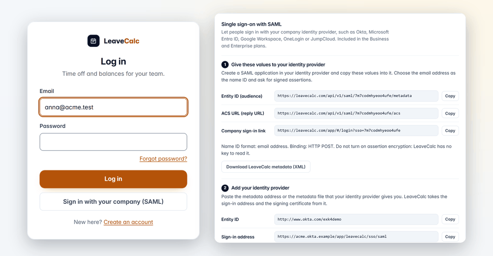 The LeaveCalc sign-in page with Sign in with your company (SAML), and the SAML setup card with the values for the identity provider