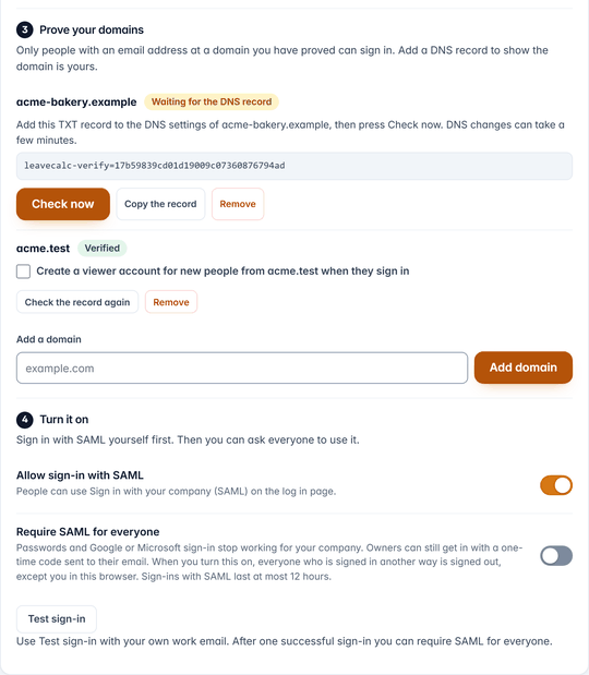 Steps 3 and 4 of the SAML card: prove your domains with a DNS record, then allow SAML and require it for everyone
