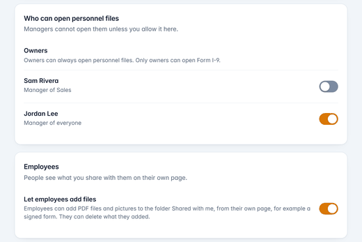 Settings, Personnel files: owners always, one manager switched on, and employees allowed to add files