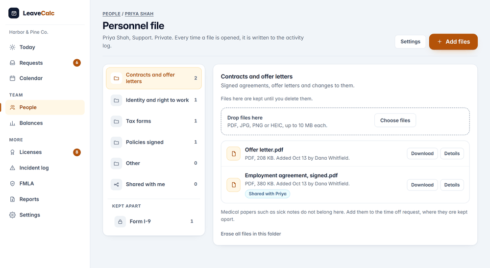 A person's personnel file in LeaveCalc: folders for contracts, identity, tax forms and policies, Form I-9 kept apart, and two files in Contracts and offer letters