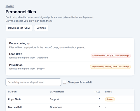 The Personnel files screen: dates coming up, one expired and one expiring in 34 days, and every person with their number of files