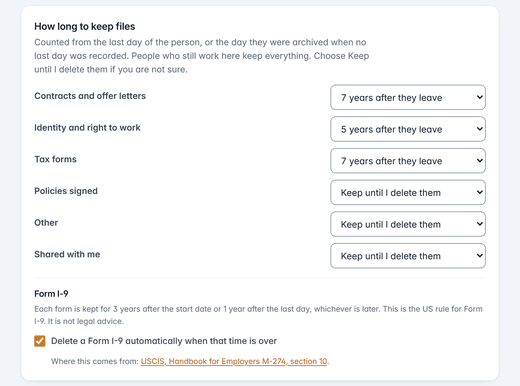How long to keep files: a keep time for each folder, and the Form I-9 rule with its USCIS source