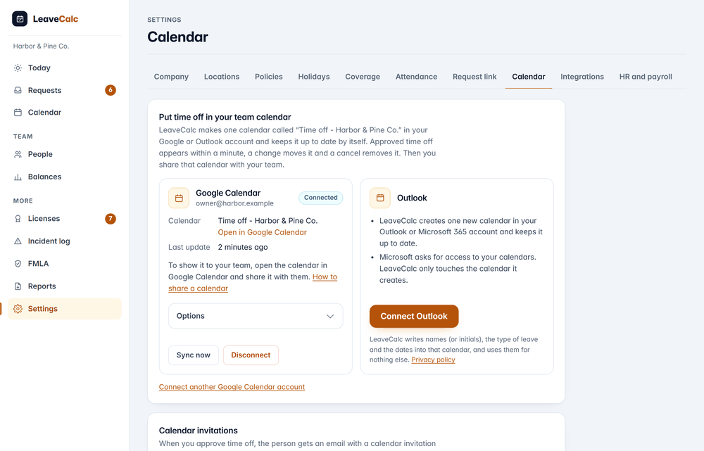 Settings, Calendar in LeaveCalc: a connected Google Calendar named Time off, and a button to connect Outlook