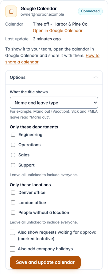 The Options of a connected Google Calendar: title, departments, locations, pending requests and holidays