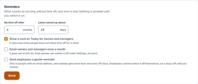 The Reminders settings: months, days, the Today card, the monthly email and the employee reminder