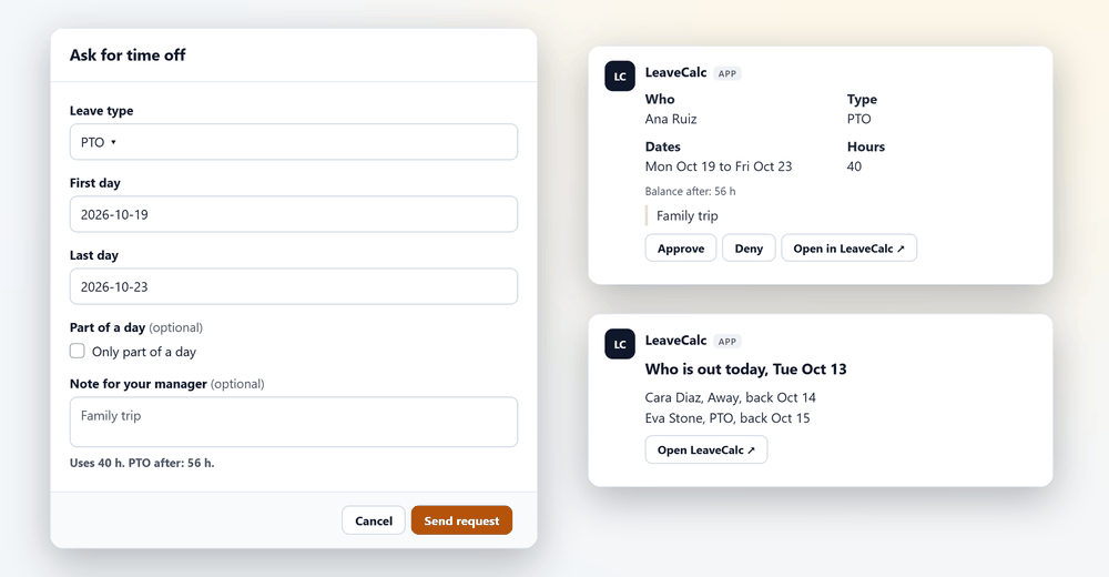 The Ask for time off form in Slack, a direct message with Approve and Deny buttons, and the daily who is out post