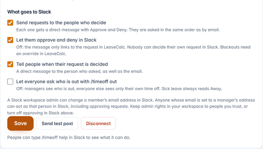 The Slack app card in Settings, Integrations: workspace, people found, daily post and what goes to Slack