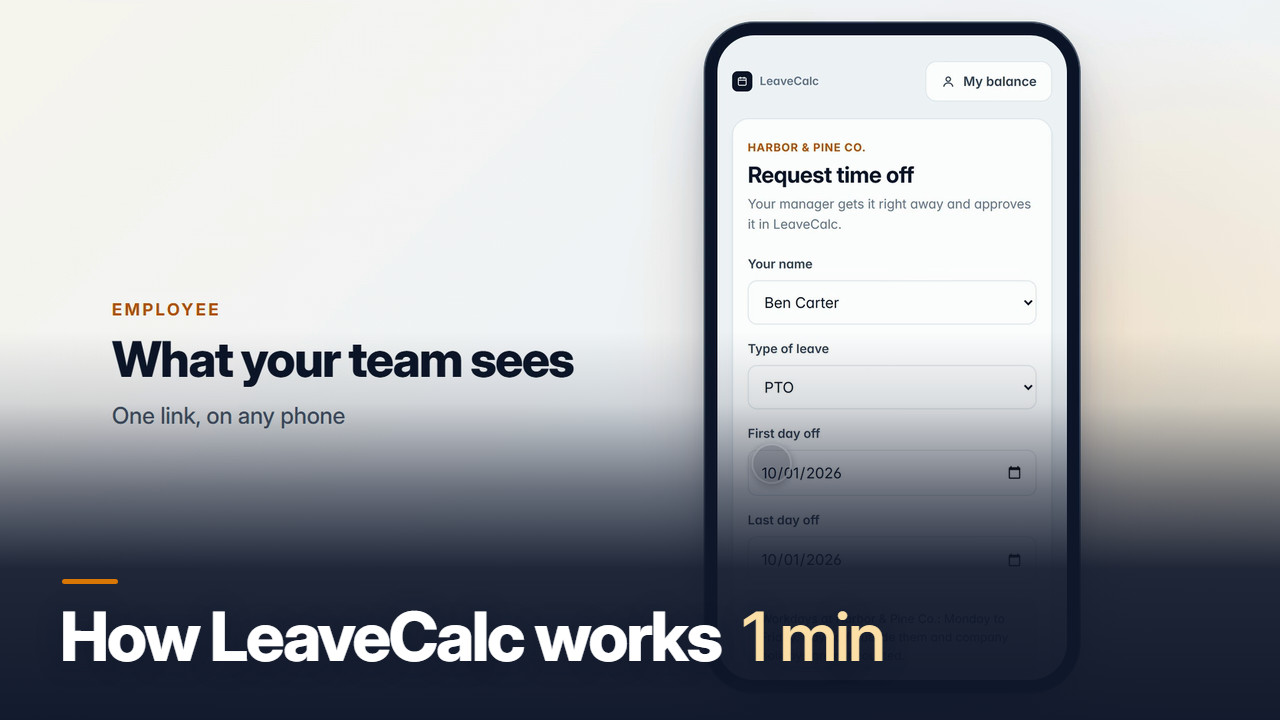 Poster of the video How LeaveCalc works in one minute: a phone with the request form an employee fills in, next to the words What your team sees.