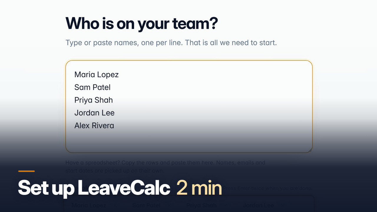 Poster of the video Set up LeaveCalc in two minutes: the setup step Who is on your team, with five names typed in.